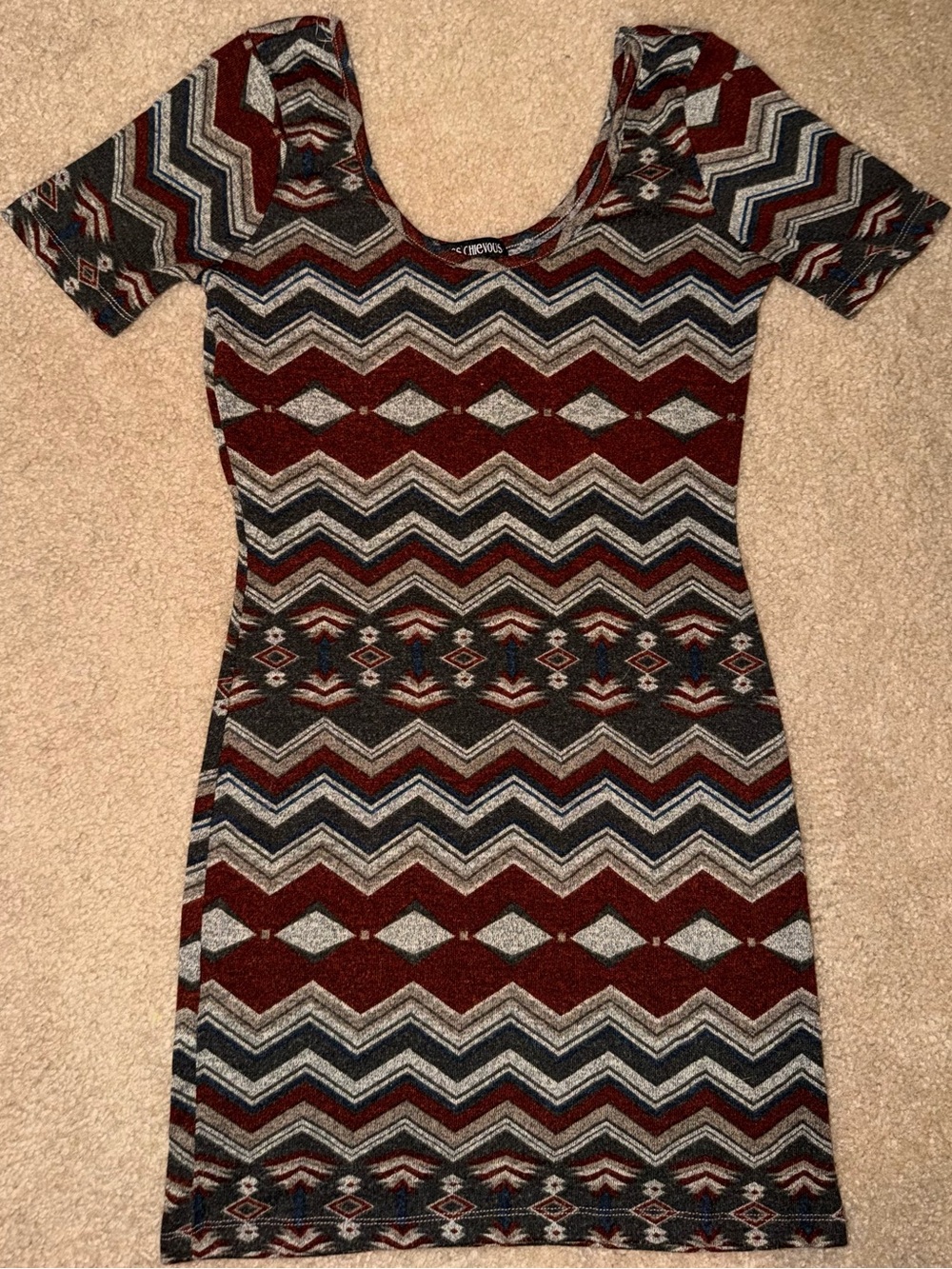 Stretch Chevron Print Bodycon Dress - Red/Gray/Black